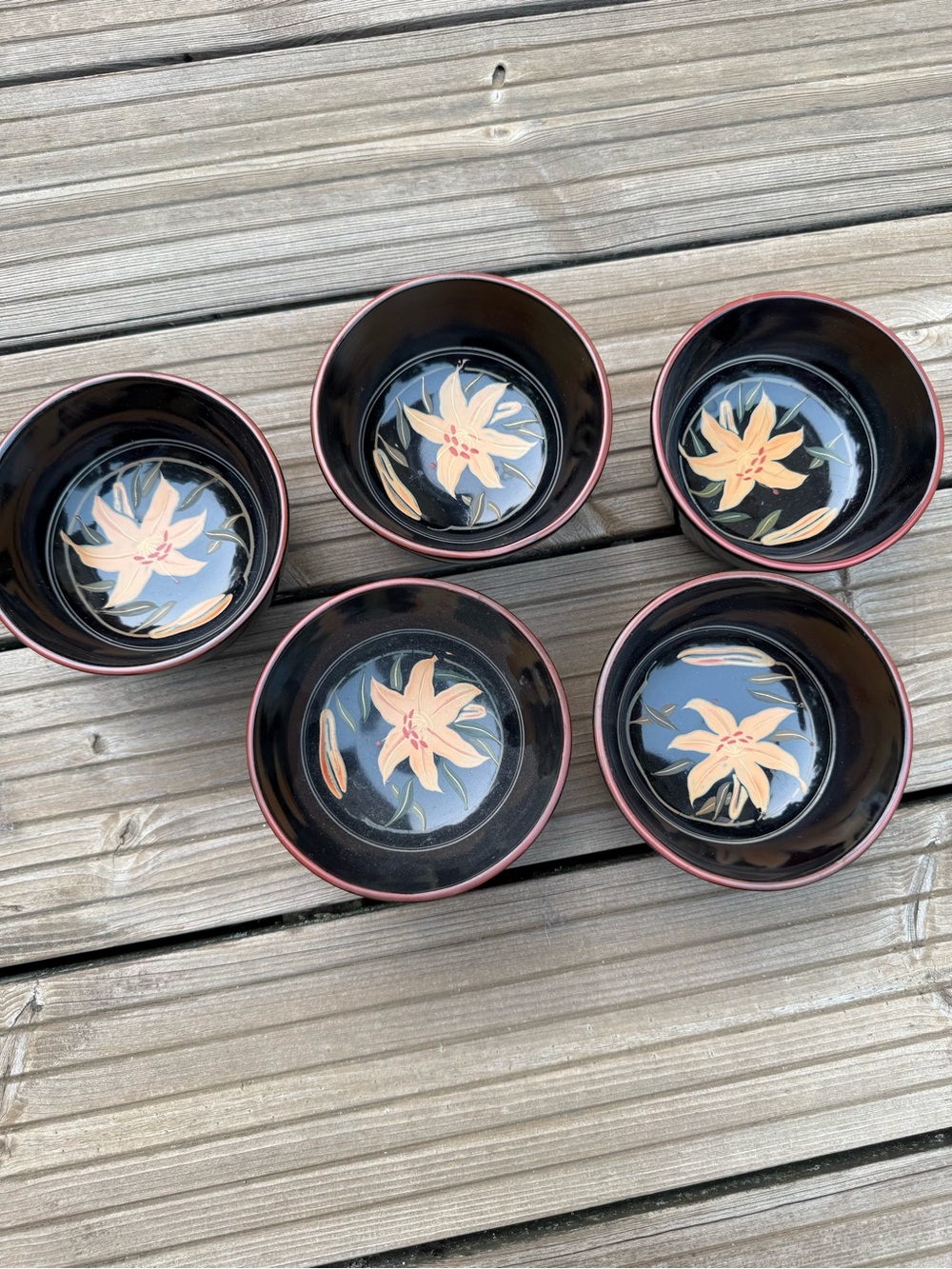 Black Floral Lacquered Bowls - Set of 5